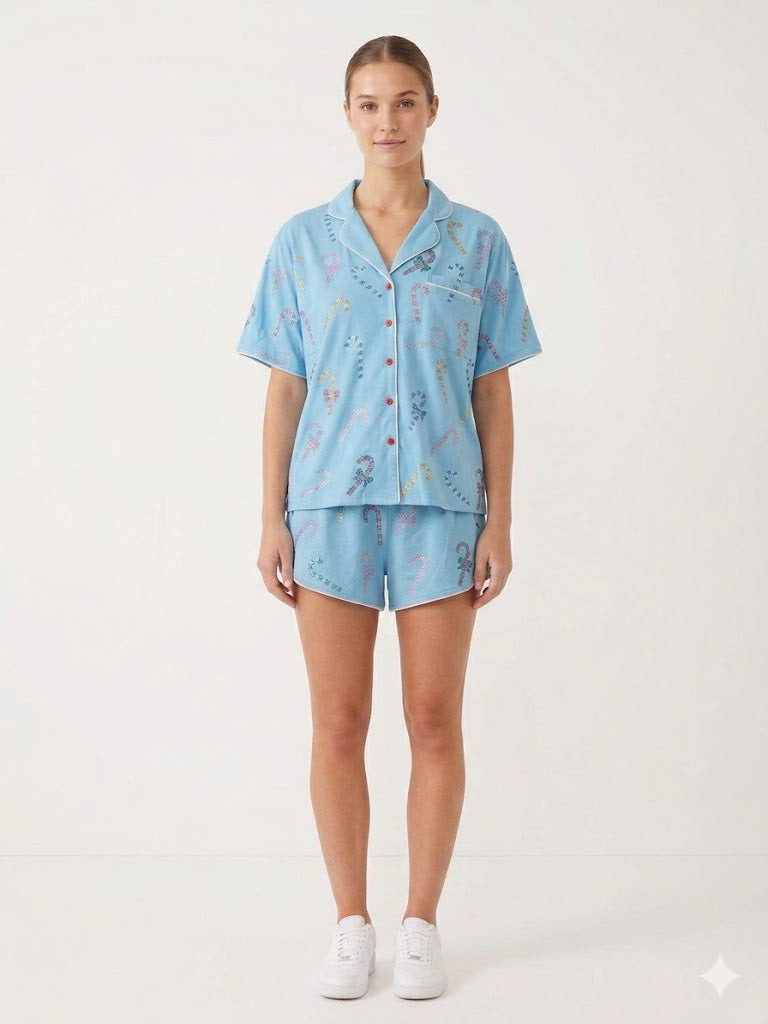 Q.O.S. CANDY CANE PAJAMA TOP AQUA