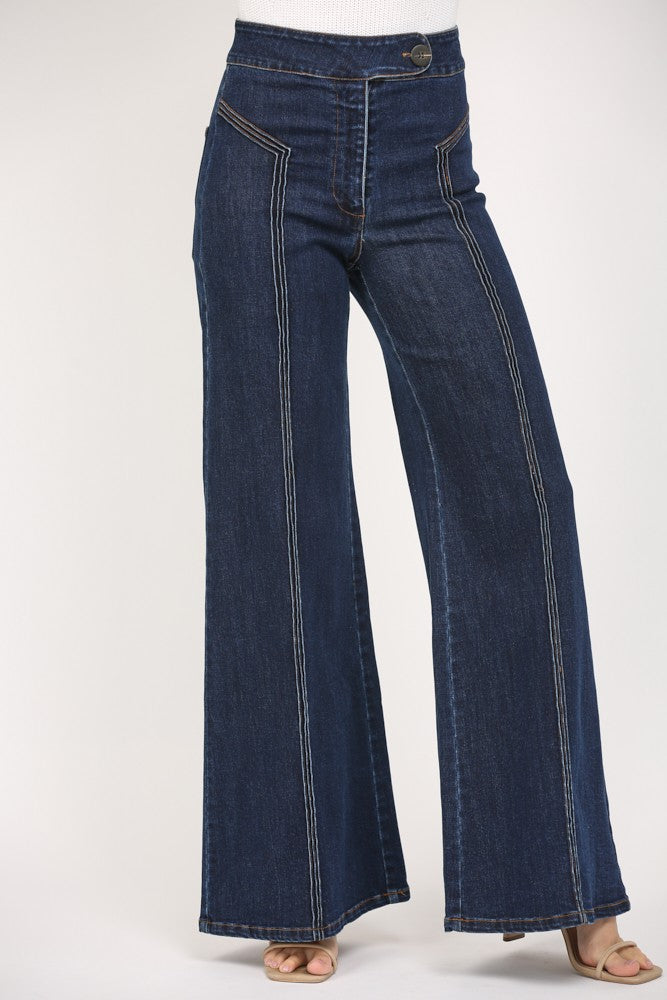 TOPSTITCHING DETAIL HIGH WAISTED FLARE PANT