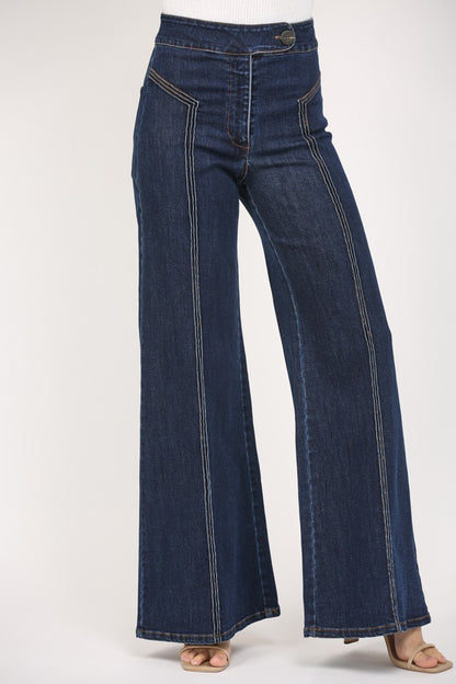 TOPSTITCHING DETAIL HIGH WAISTED FLARE PANT