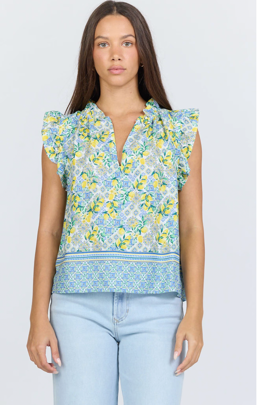 LEMON CAPRI FLUTTER SLEEVE V NECK TOP