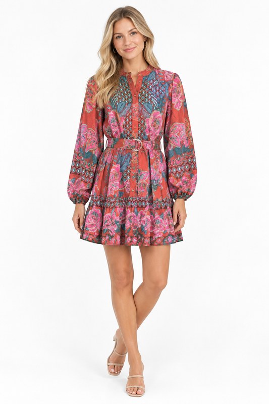 FLORAL BORDER PRINT MINI DRESS