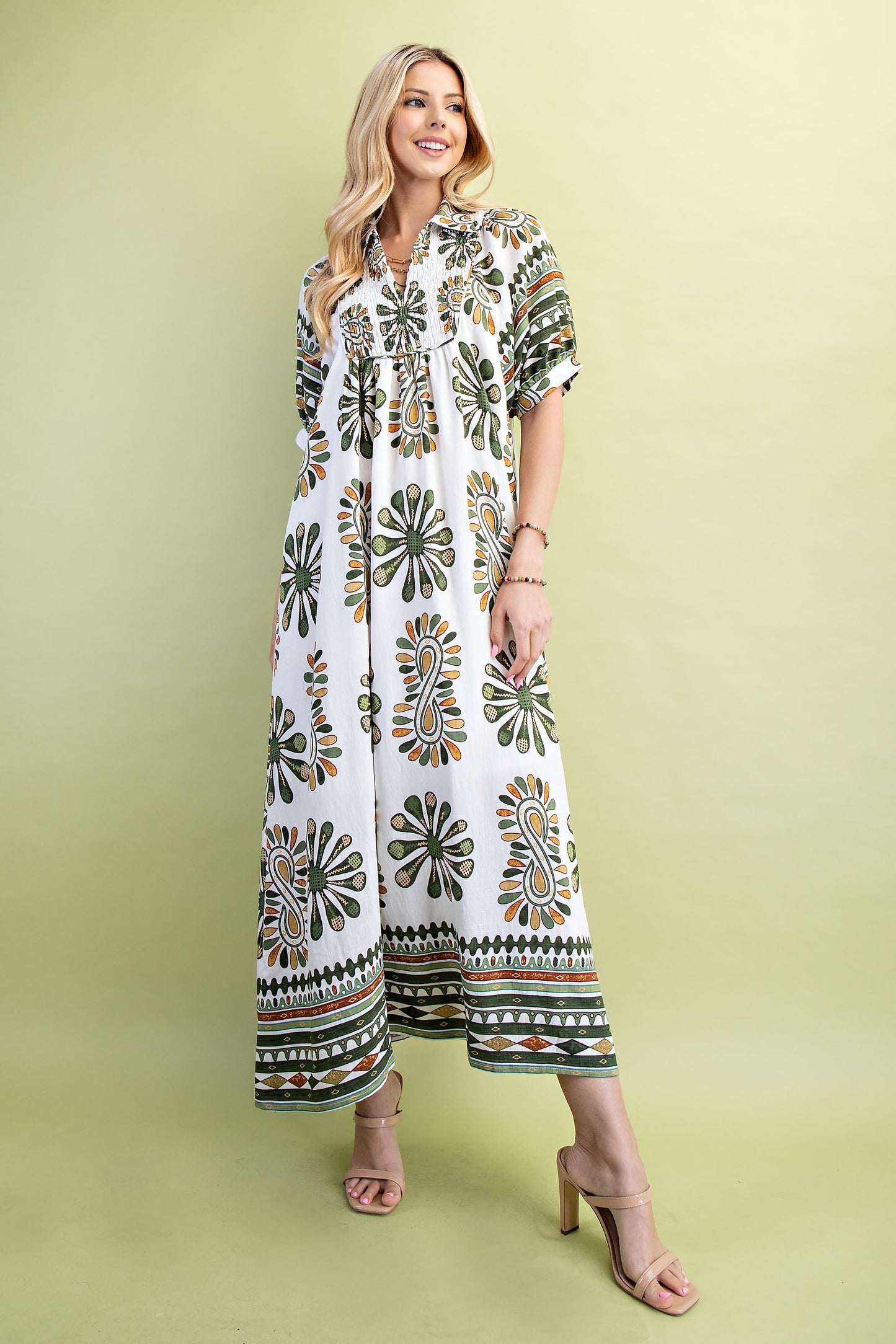 SMOCKED YOKE MIDI DRESS
