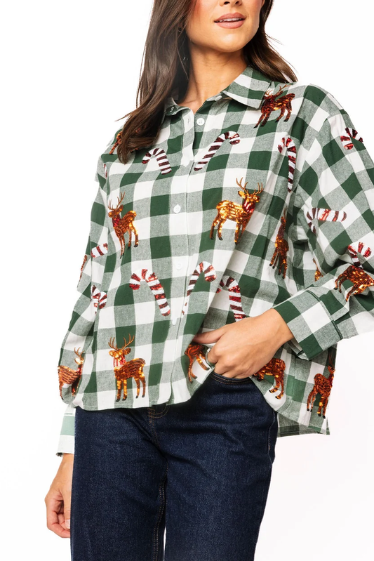 QOS PLAID REINDEER BUTTON DOWN
