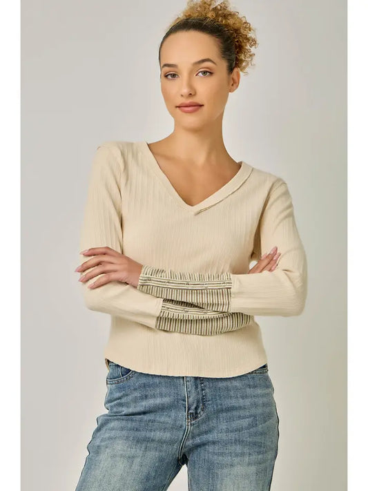 RIB WASHED V NECK STRIPED CUFF DETAIL TOP