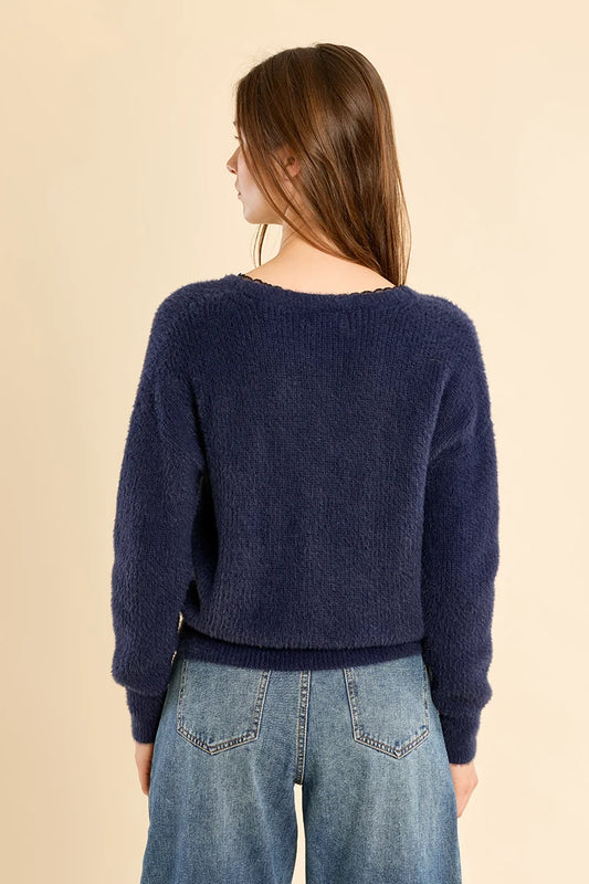MB V-NECK LACE TRIM SWEATER