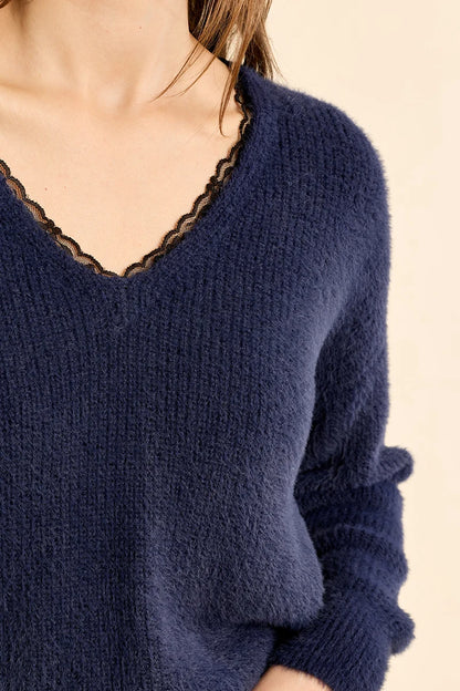 MB V-NECK LACE TRIM SWEATER