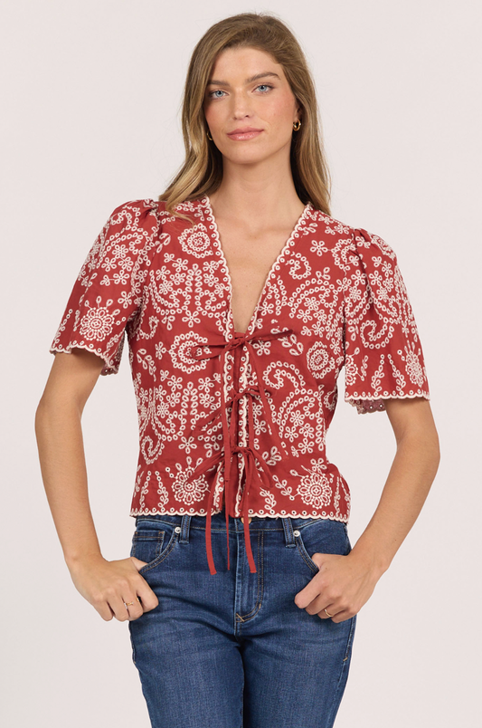 DEAR JOHN TIE FRONT EMBROIDERY CIELO TOP