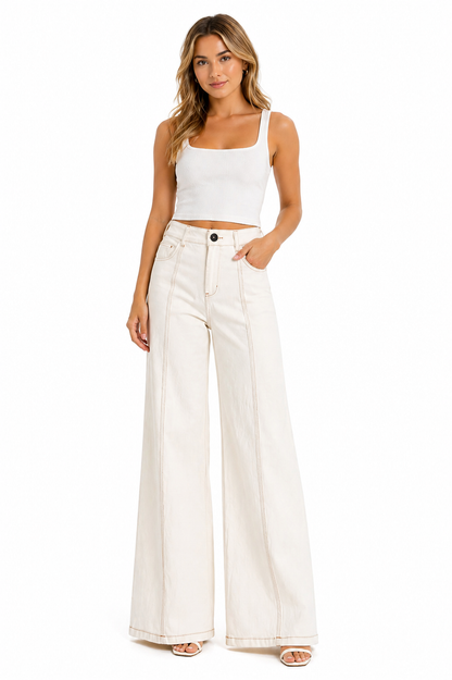TOPSTITCHING DETAIL HIGH WAISTED FLARE PANT
