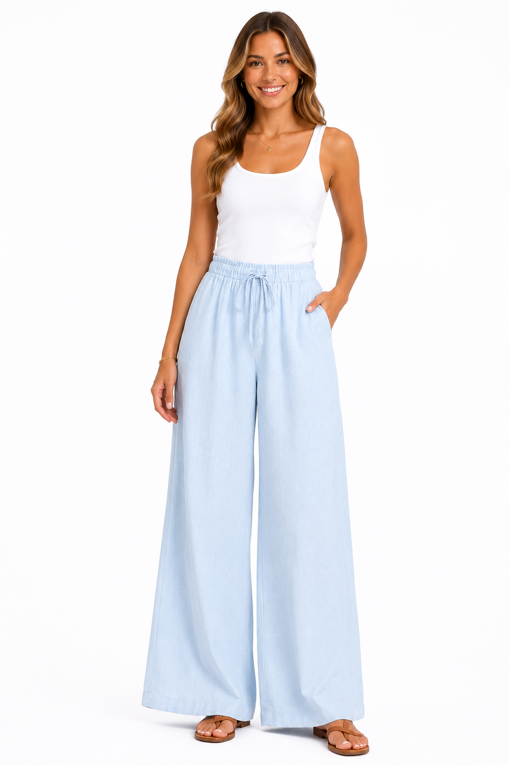 LINEN DRAWSTRING WIDE LEG PANTS