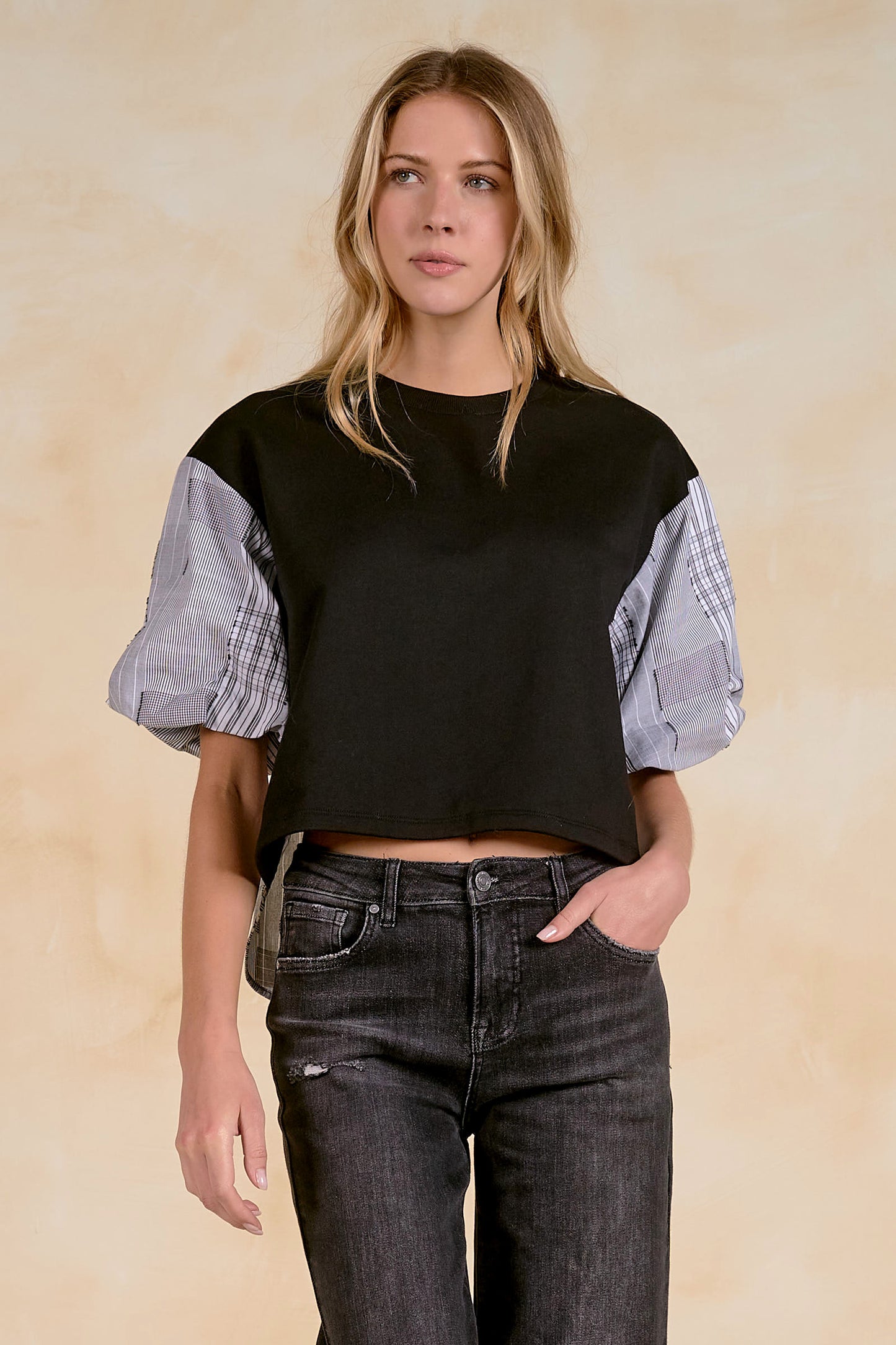 ELAN PLAID MIXED MEDIA TOP