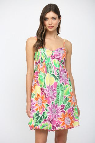 TROPICAL PRINT BRAIDED STRAP MINI DRESS