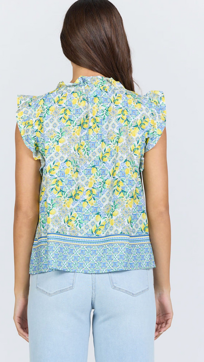 LEMON CAPRI FLUTTER SLEEVE V NECK TOP