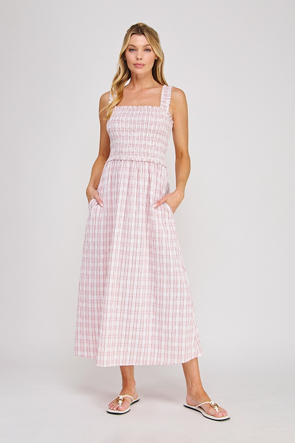 AR PLAID SMOCKED MIDI DRESS