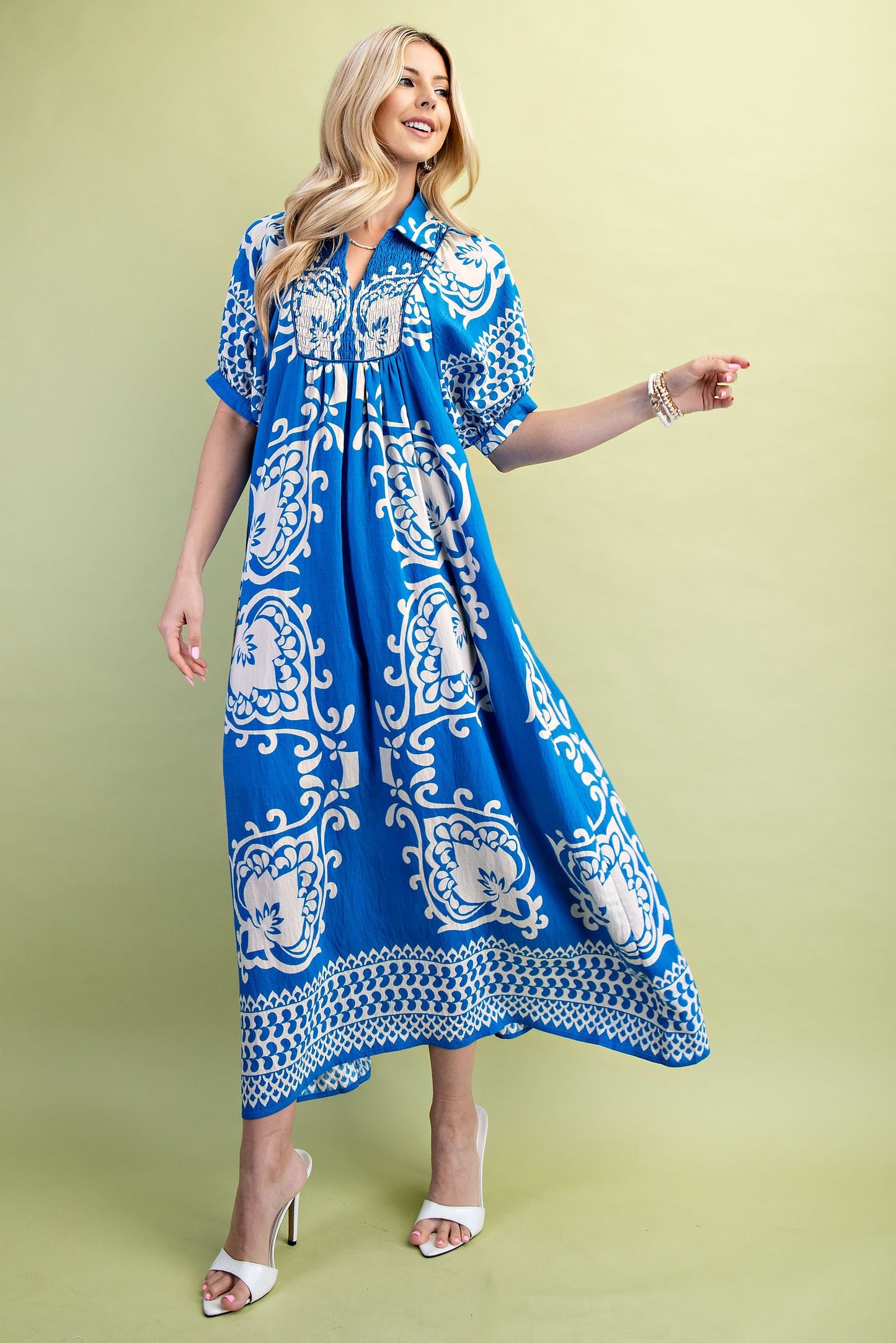MIXED PRINT PUFF SLEEVE MIDI