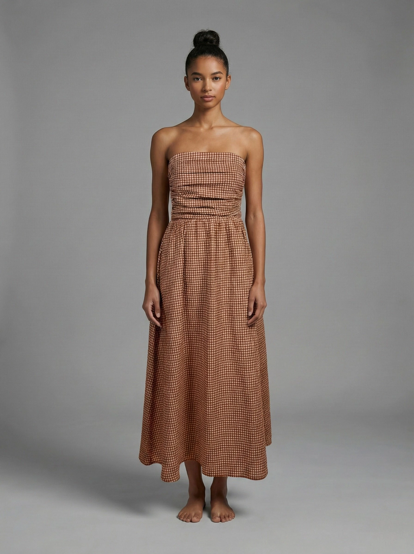 RUCHED CHECK MAXI DRESS