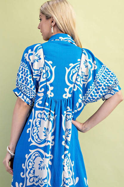 MIXED PRINT PUFF SLEEVE MIDI