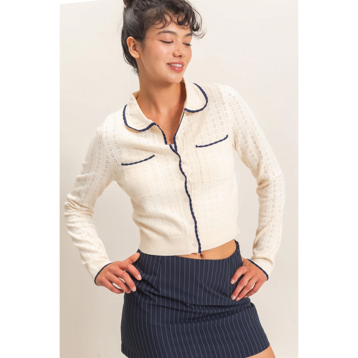 COLLARED POINTELLE CARDIGAN