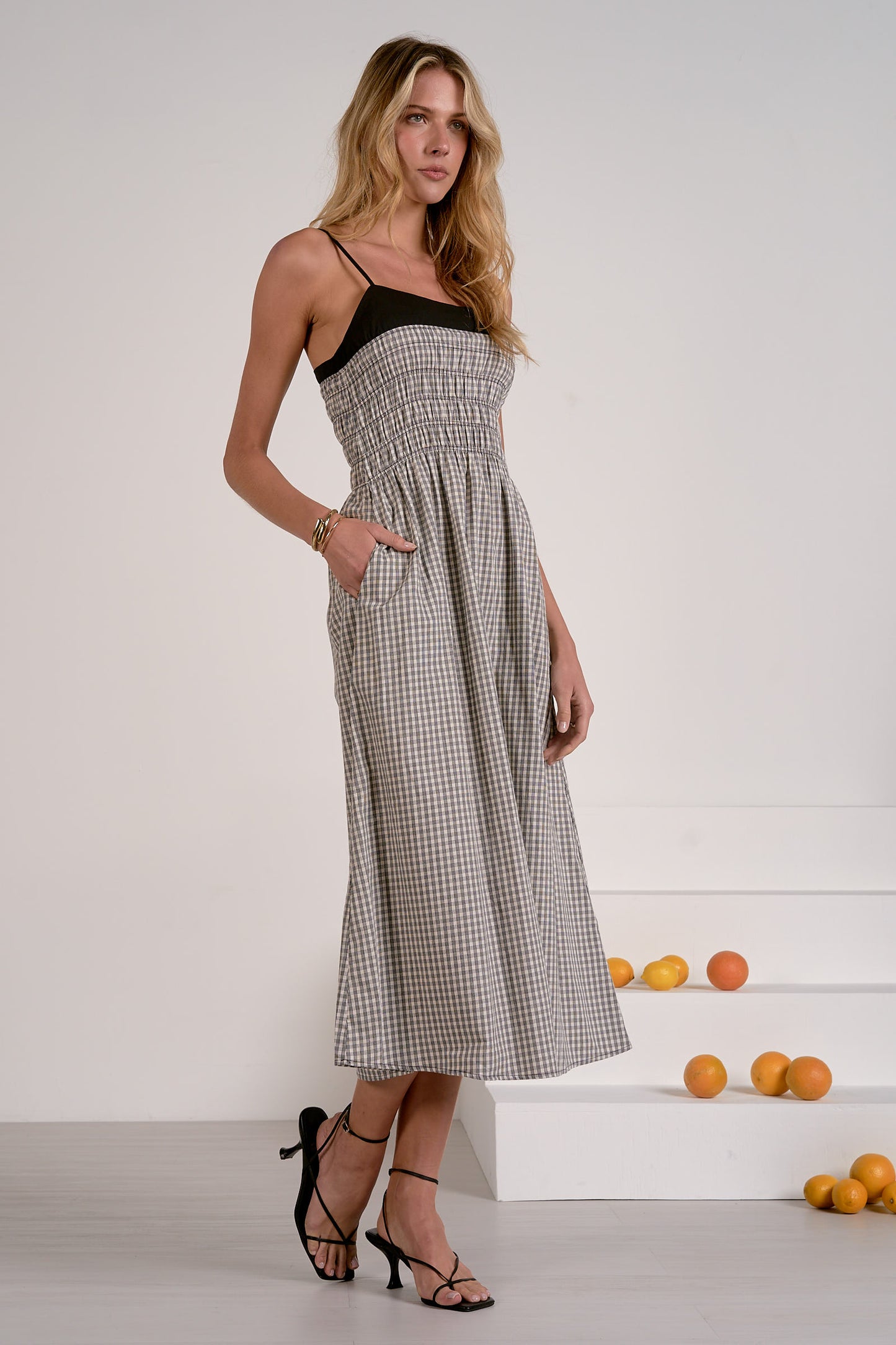 ELAN GINGHAM SPAGHETTI STRAP MIDI