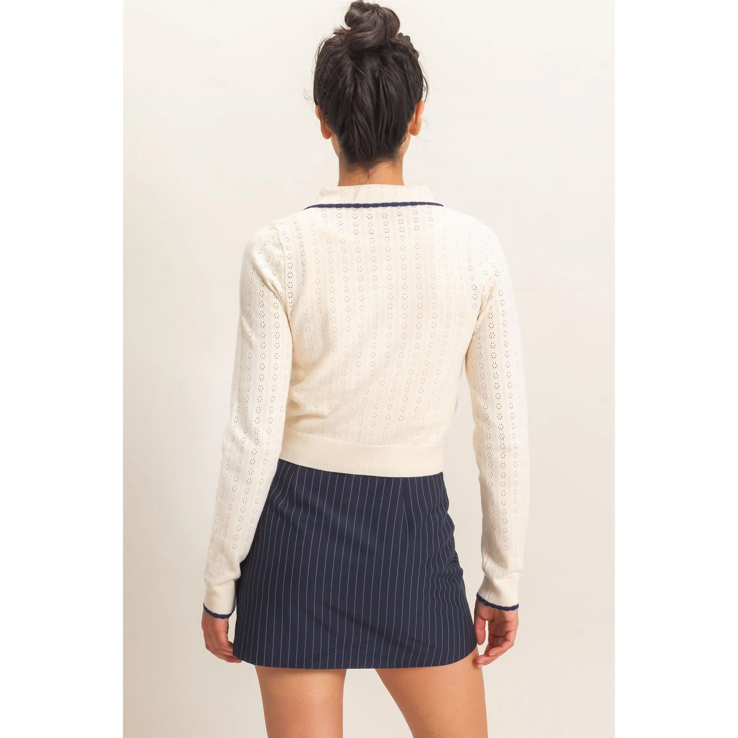 COLLARED POINTELLE CARDIGAN