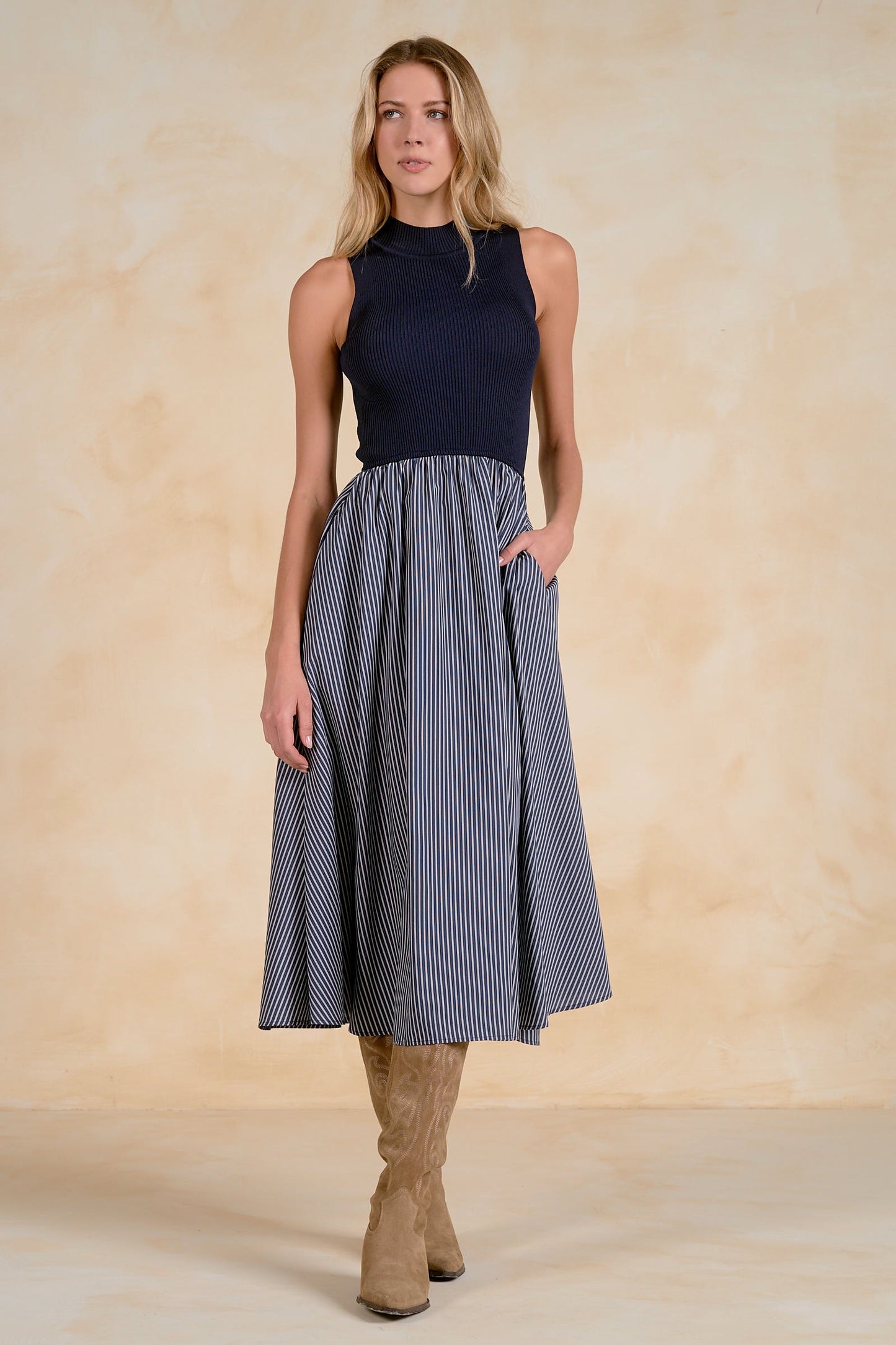 ELAN SLEEVELESS STRIPED MIDI