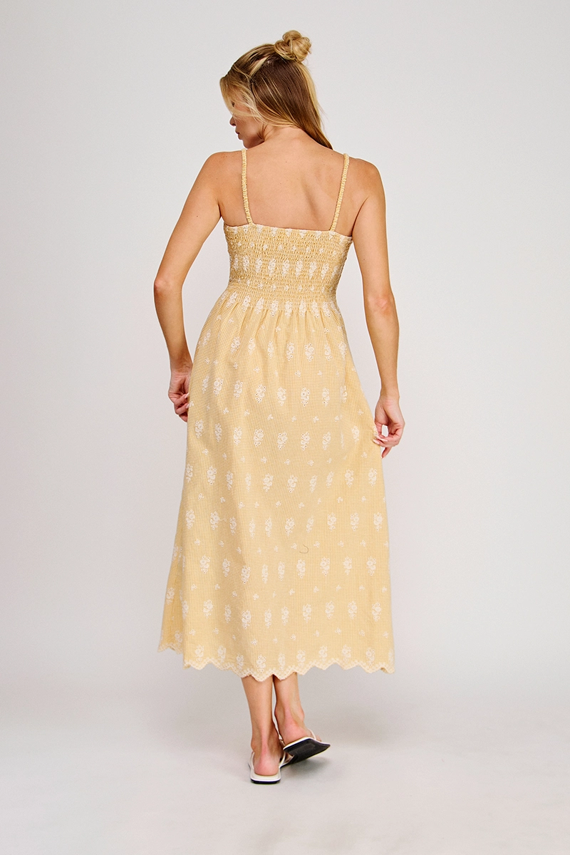 FLORAL EMBROIDERED GINGHAM MIDI