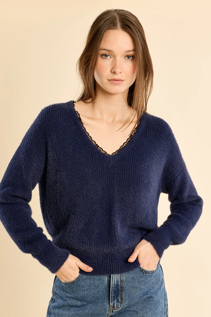 MB V-NECK LACE TRIM SWEATER