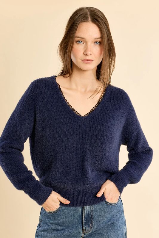 MB V-NECK LACE TRIM SWEATER
