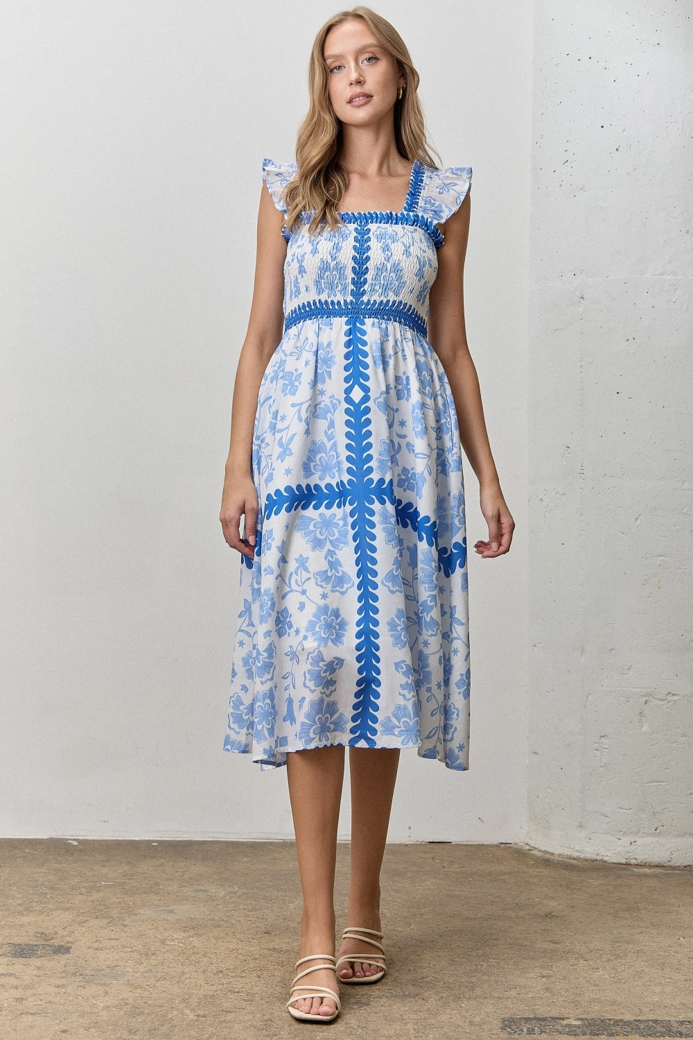 SMOCKED BODICE MIDI DRESS