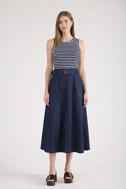 BELTED STRIPED MIDI
